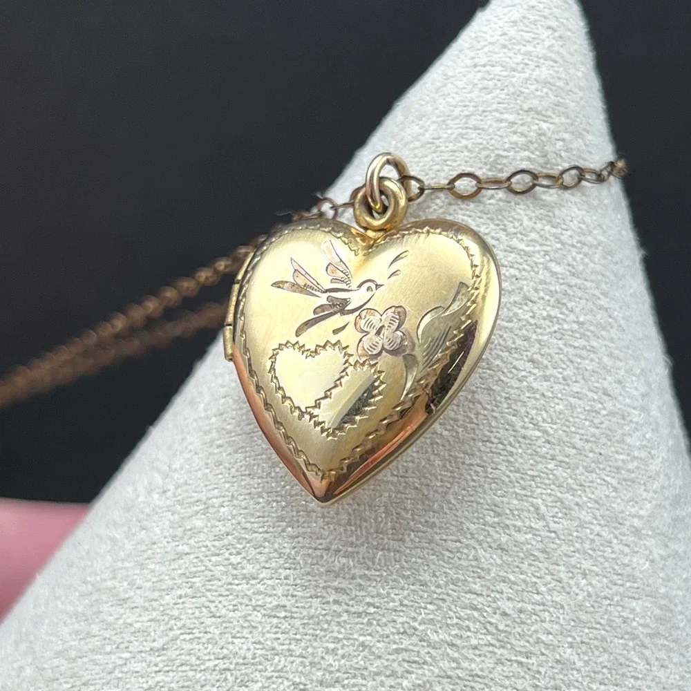 Vintage Gold Filled Heart Locket Necklace Etched Bird Flower 12KT GF 18